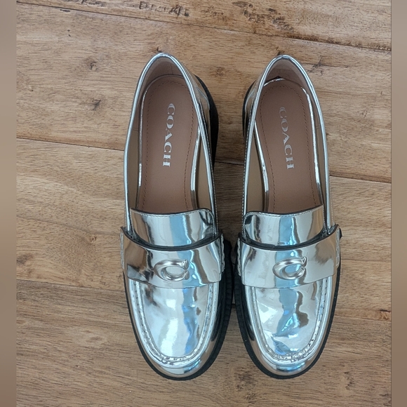Coach Metallic Silver Chunky Heeled Loafers - Picture 5 of 7